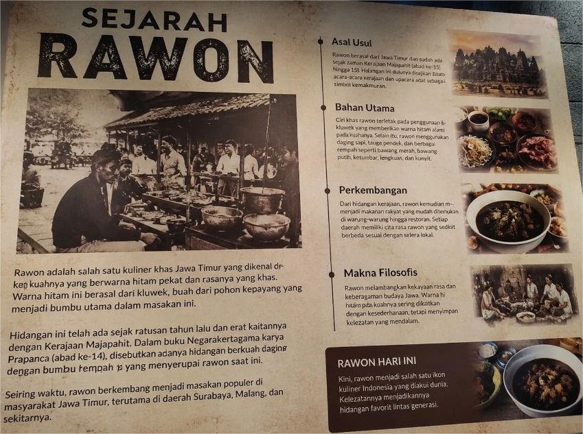 Info grafis sejarah rawon khas Jawa Timur dari masa Kerajaan Majapahit hingga sekarang.