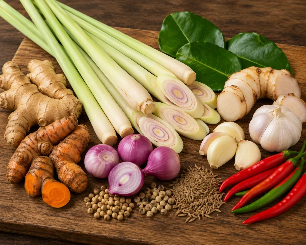 Serai segar bersama jahe, kunyit, bawang merah, bawang putih, cabai, dan rempah-rempah tradisional di atas talenan kayu untuk bahan masakan Indonesia.