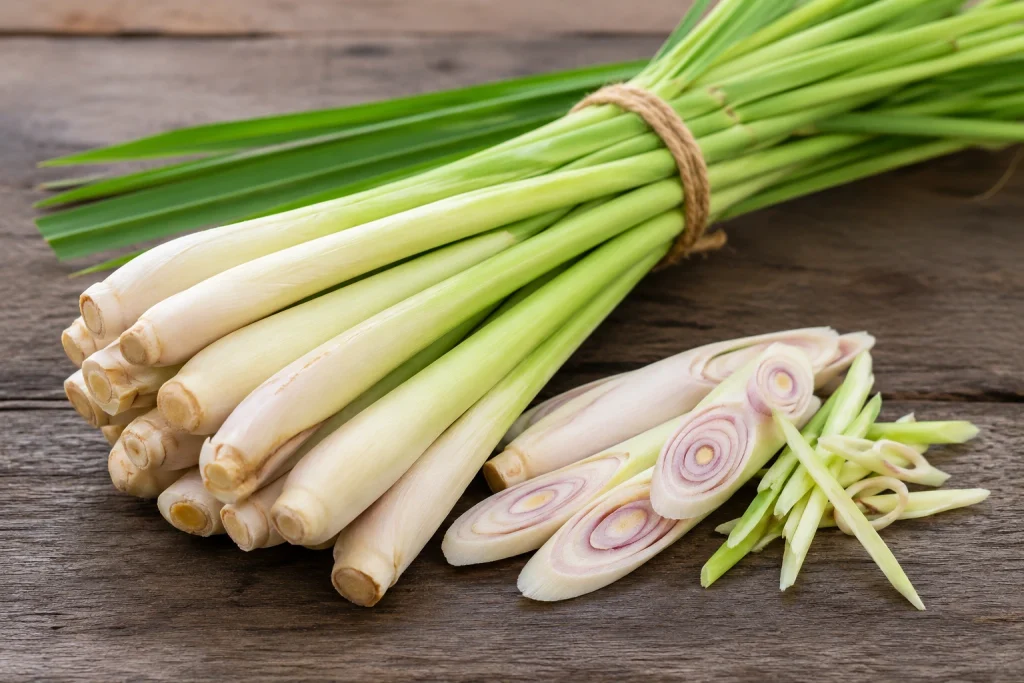 Ikatan serai segar di atas meja kayu dengan beberapa irisan batang serai yang menampilkan tekstur dan aroma khas rempah dapur.