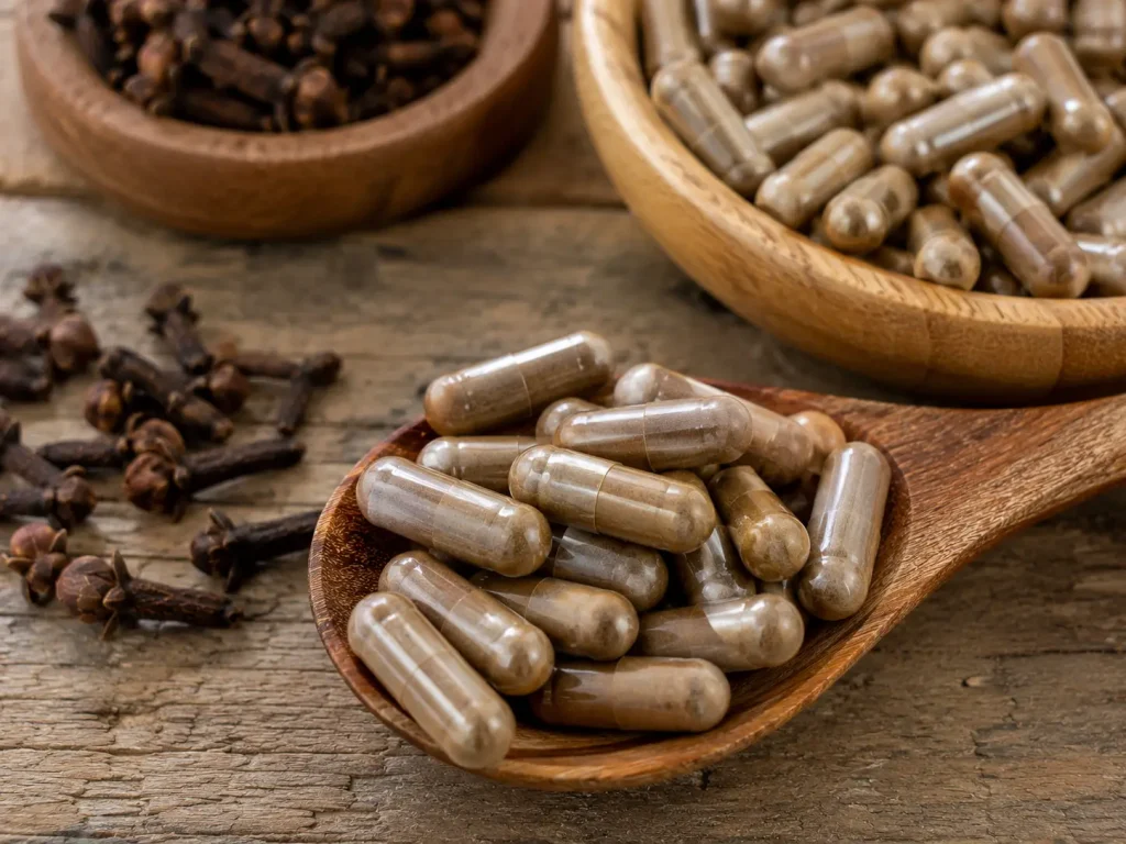 Suplemen ekstrak cengkeh dalam bentuk kapsul herbal.