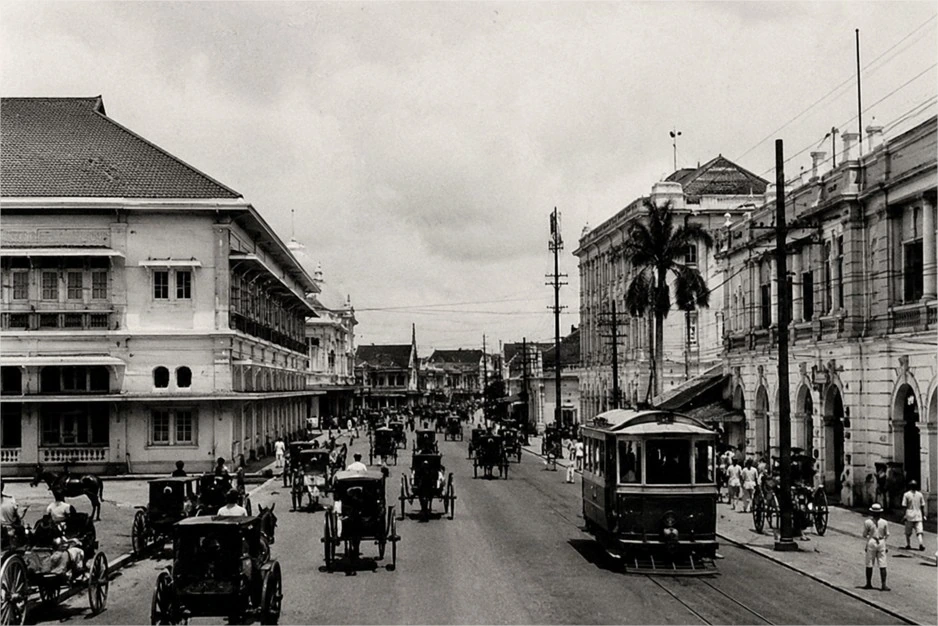Suasana Kota Surabaya tempo dulu dengan trem dan bangunan kolonial Belanda.