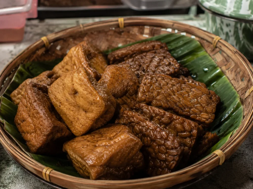 Tahu bacem dan tempe bacem khas Yogyakarta disajikan di atas besek bambu beralas daun pisang