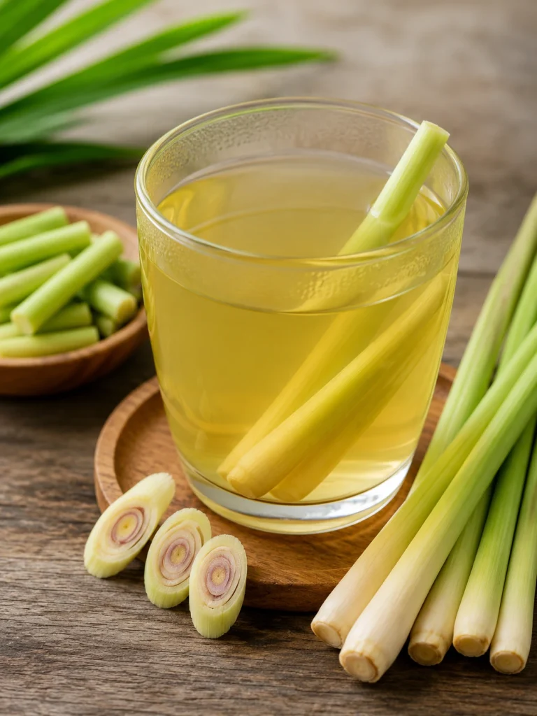 Minuman serai hangat dalam gelas bening dengan batang serai segar, disajikan sebagai minuman herbal alami yang menyegarkan dan menyehatkan.