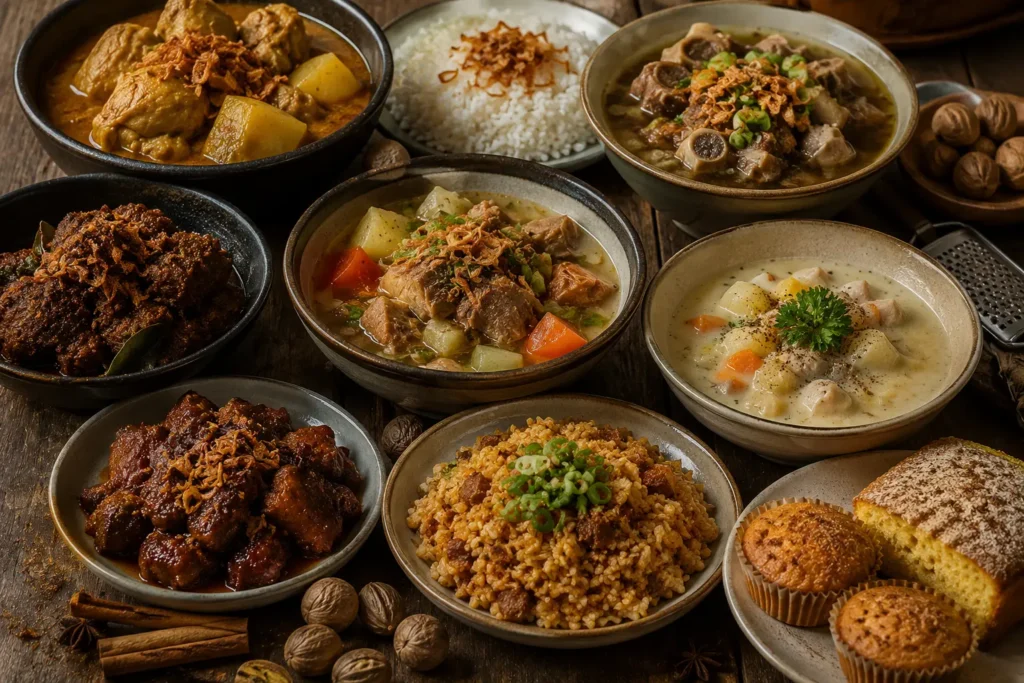 Aneka masakan Indonesia dan internasional yang menggunakan pala sebagai bumbu, seperti sup, kari, semur, nasi berbumbu, dan hidangan daging.