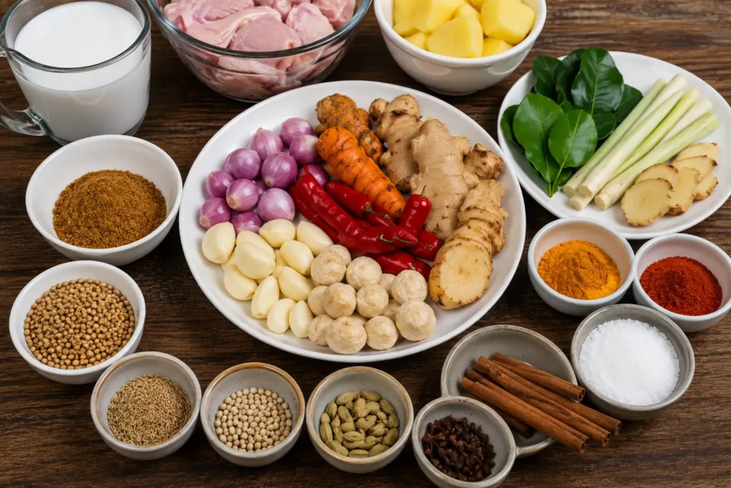 Bahan-bahan kari ayam lengkap terdiri dari ayam, santan, kentang, serai, jahe, kunyit, bawang, cabai, dan rempah-rempah