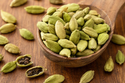 Buah kapulaga hijau utuh dan biji kapulaga dalam mangkuk kayu sebagai rempah aromatik untuk masakan dan minuman.
