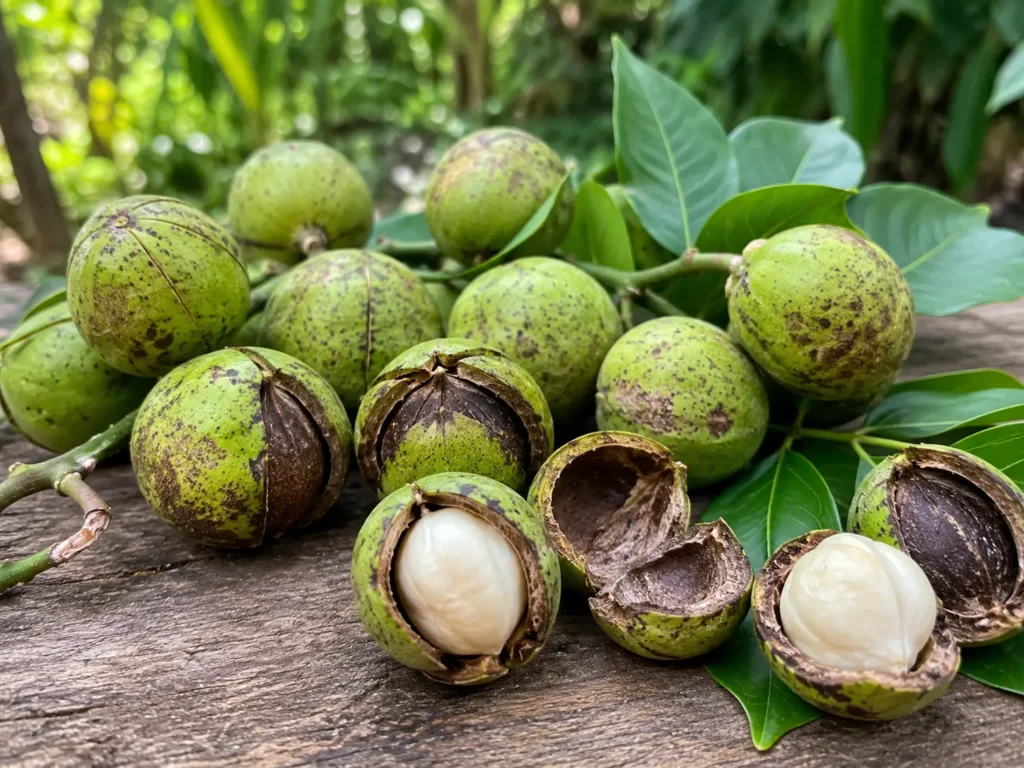 Buah kemiri segar berkulit hijau dengan beberapa buah yang terbuka memperlihatkan tempurung dan biji kemiri di atas meja kayu.