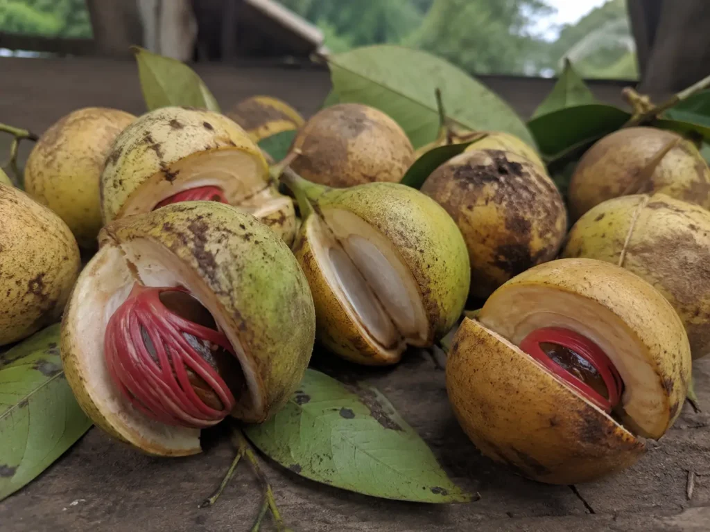 Buah pala segar yang telah dibelah menampilkan fuli merah dan biji pala matang di atas daun dengan latar kebun pala di Indonesia.