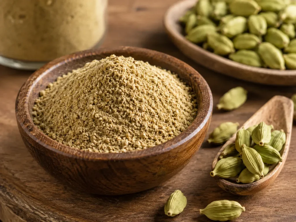 Bubuk kapulaga murni dalam mangkuk kayu dengan biji kapulaga hijau sebagai rempah alami untuk bumbu masakan dan herbal.