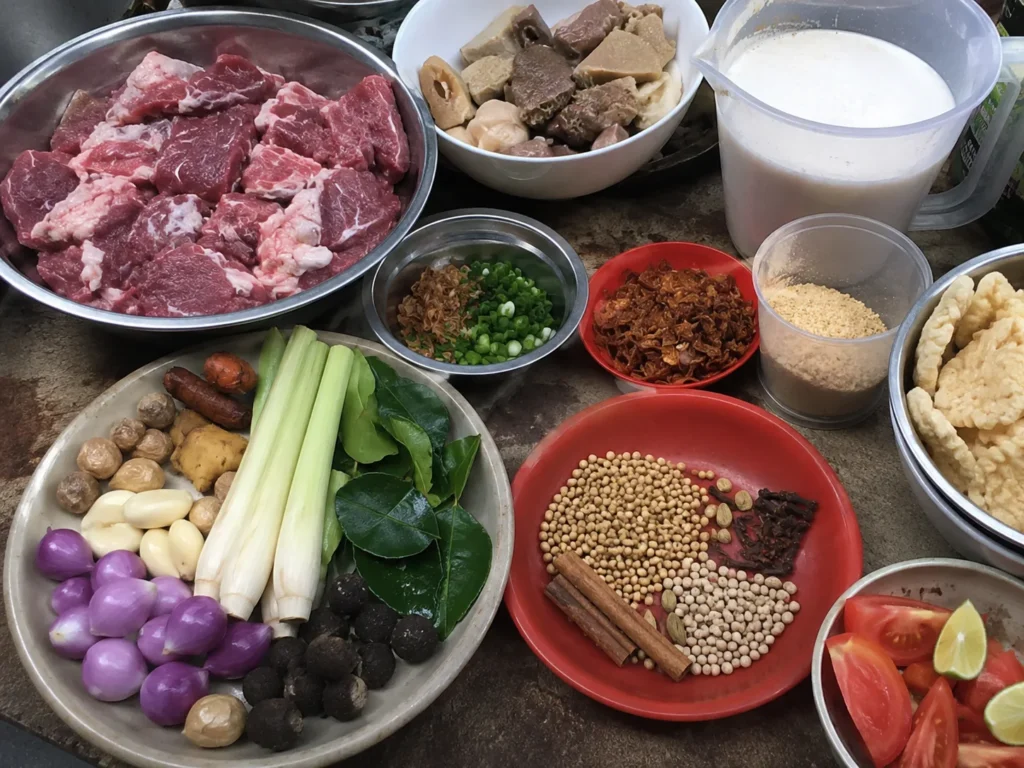 Aneka bumbu dan bahan Soto Betawi terdiri dari daging sapi, rempah-rempah, santan, serai, daun jeruk, lengkuas, bawang merah, bawang putih, dan pelengkap lainnya.