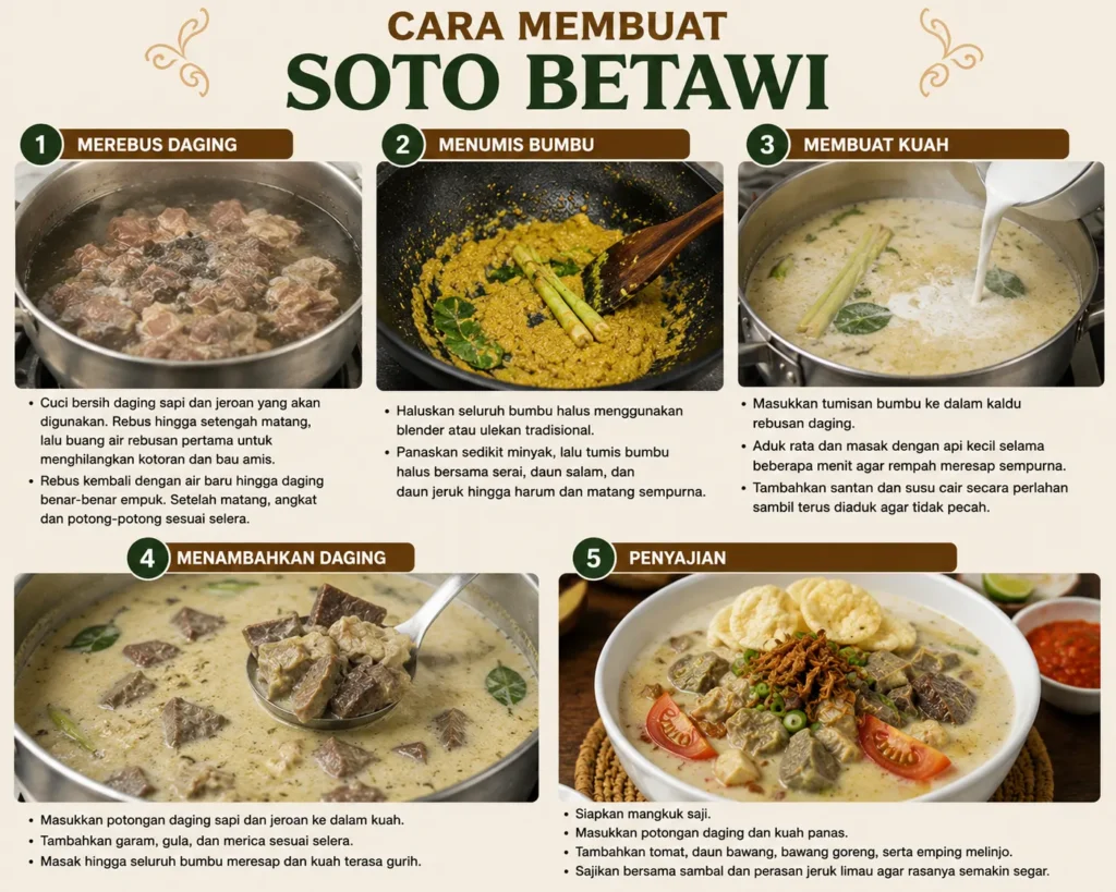 Infografis cara membuat Soto Betawi mulai dari merebus daging, menumis bumbu, membuat kuah, hingga penyajian.