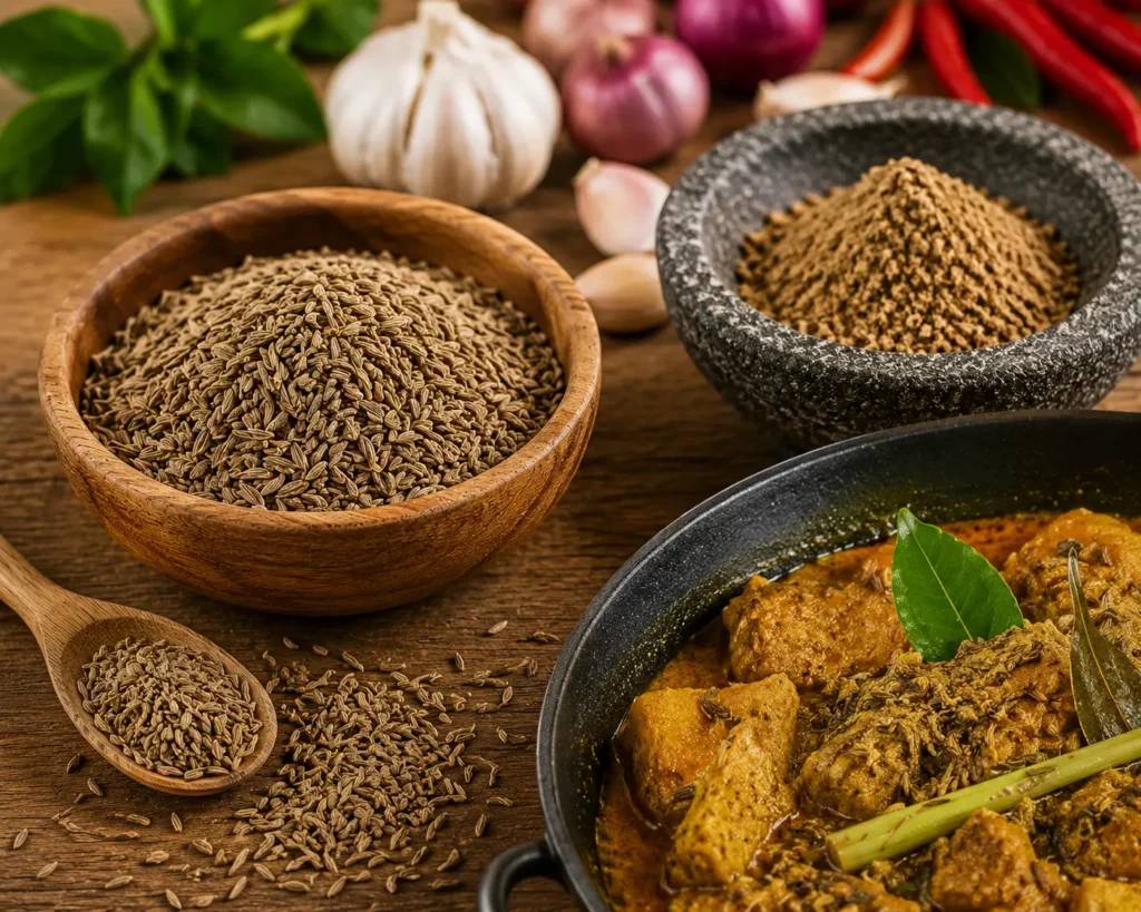 Biji jintan putih dan bubuk jintan sebagai bumbu masakan untuk kari, gulai, dan aneka hidangan berempah.
