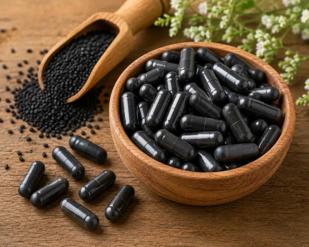 Kapsul jintan hitam (Habbatussauda) dengan biji Nigella sativa sebagai suplemen herbal alami yang kaya antioksidan.