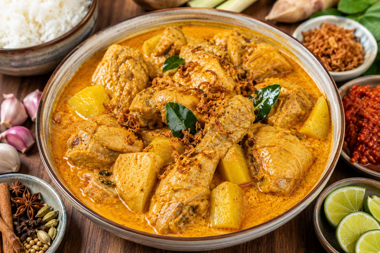 Kari ayam kentang dengan kuah santan kental dan rempah-rempah khas Indonesia