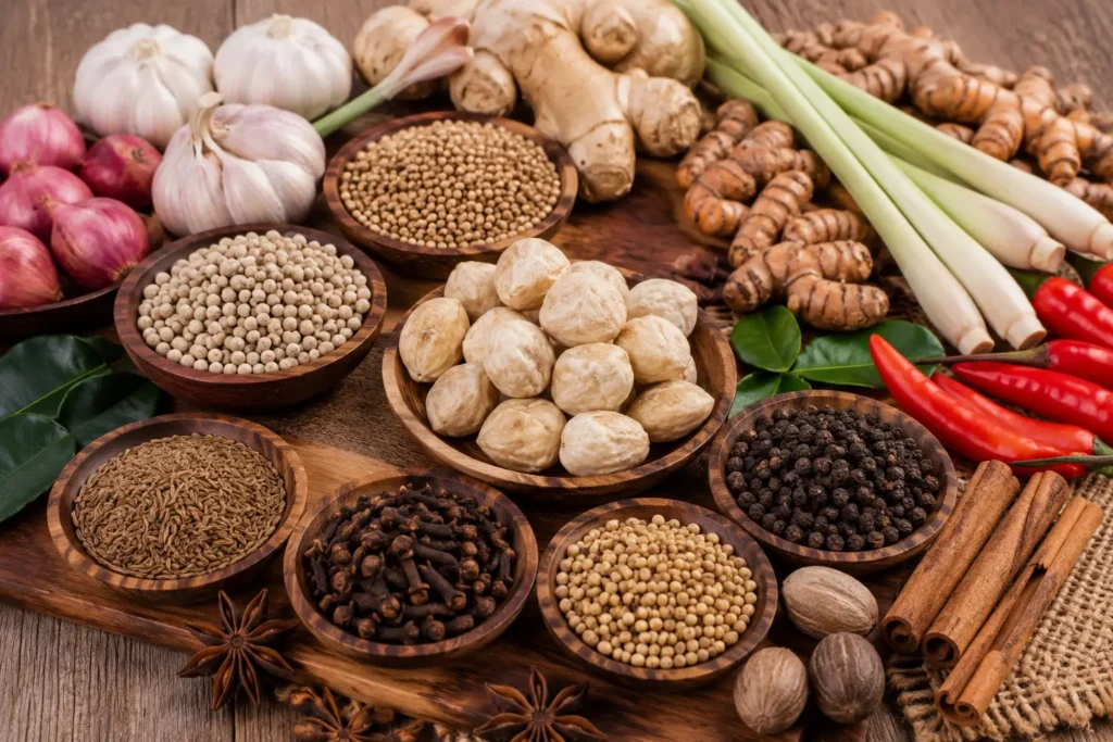 Kemiri bersama aneka bumbu dapur Indonesia seperti bawang merah, bawang putih, cabai, serai, jahe, kunyit, ketumbar, lada, cengkih, dan kayu manis di atas meja kayu.