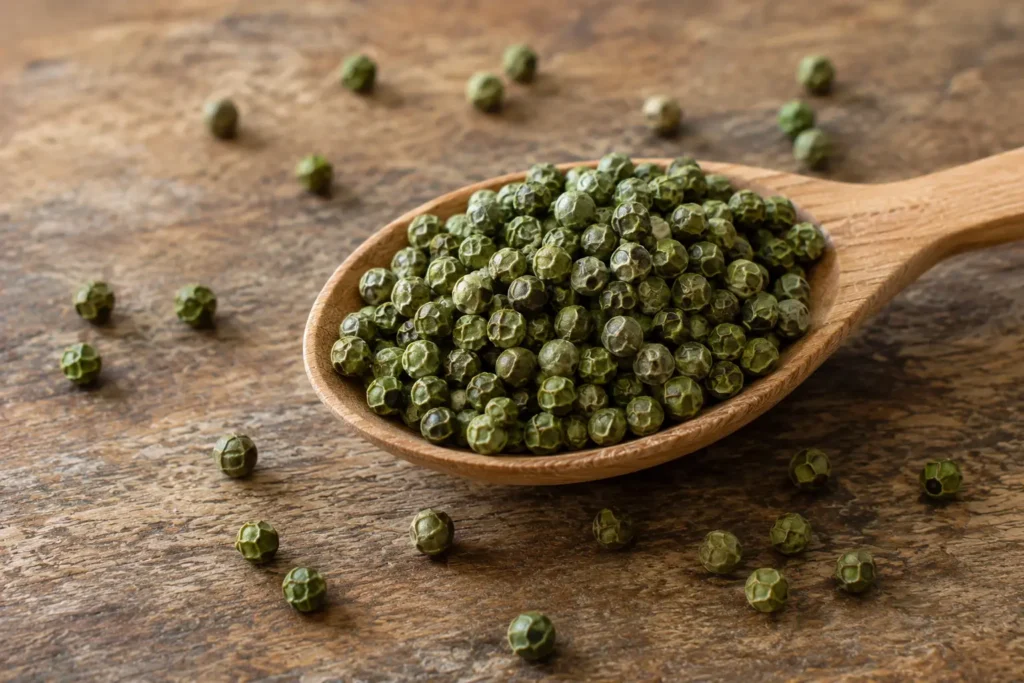 Butiran lada hijau utuh di atas sendok kayu sebagai rempah dapur dengan aroma segar dan rasa pedas yang ringan.