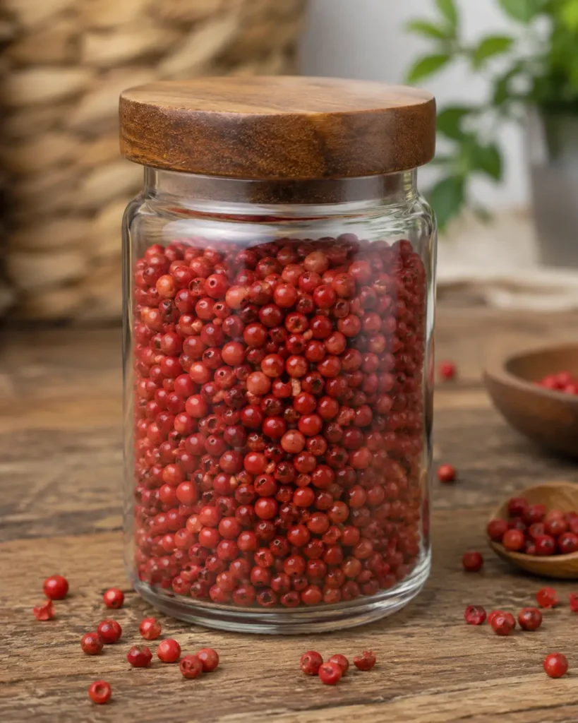 Lada merah (pink peppercorn) di dalam toples kaca sebagai rempah dapur dengan warna merah cerah dan aroma khas.