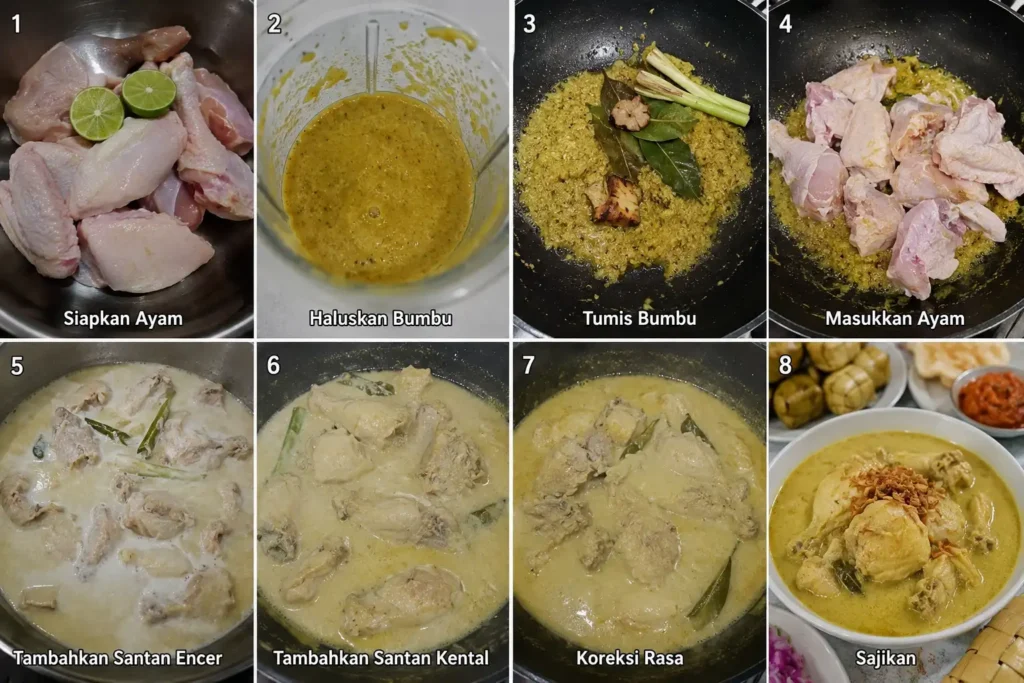 Langkah-langkah cara membuat opor ayam mulai dari menyiapkan ayam, menghaluskan bumbu, menumis rempah, memasak dengan santan, hingga opor ayam siap disajikan.