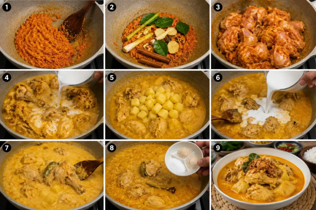 Langkah-langkah membuat kari ayam mulai dari menumis bumbu hingga kari ayam siap disajikan