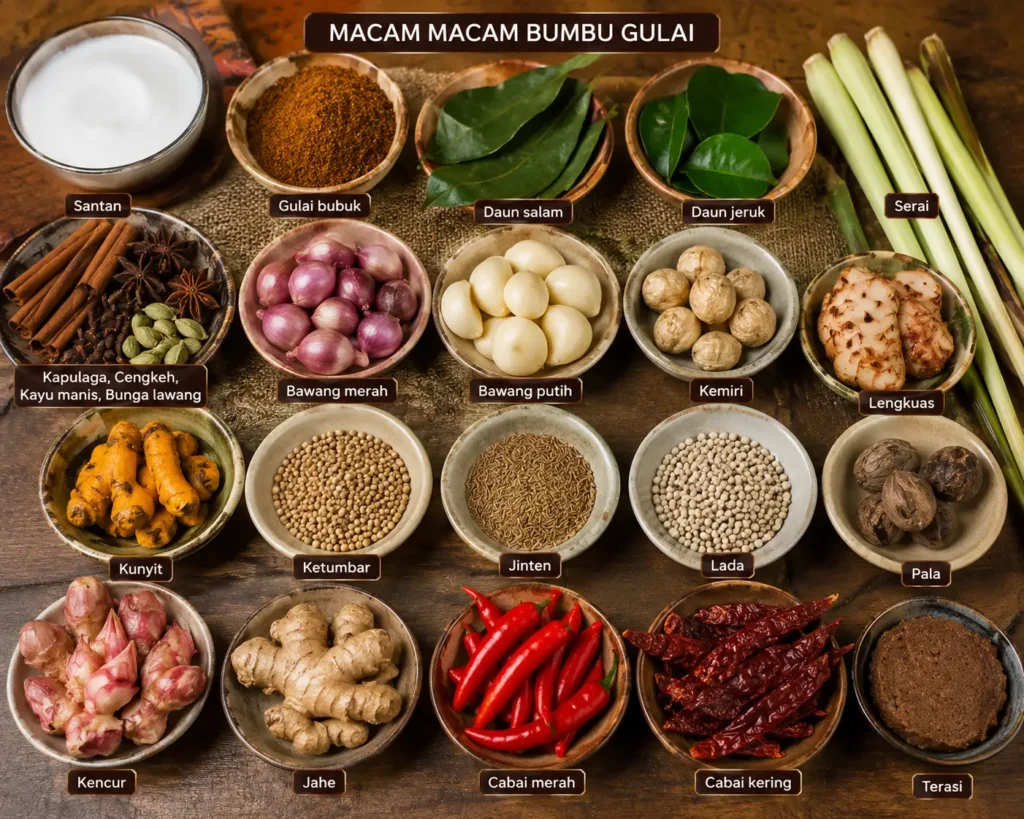 Macam-macam bumbu gulai lengkap terdiri dari bawang merah, bawang putih, cabai, kunyit, jahe, lengkuas, serai, kemiri, ketumbar, jintan, pala, kapulaga, kayu manis, cengkeh, santan, dan rempah Nusantara.