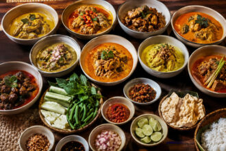 Sajian macam-macam gulai khas Indonesia lengkap dengan nasi putih, sambal, lalapan, kerupuk, dan aneka kondimen di atas meja makan.
