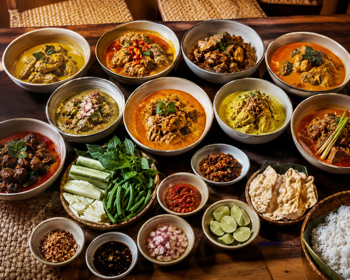 Sajian macam-macam gulai khas Indonesia lengkap dengan nasi putih, sambal, lalapan, kerupuk, dan aneka kondimen di atas meja makan.