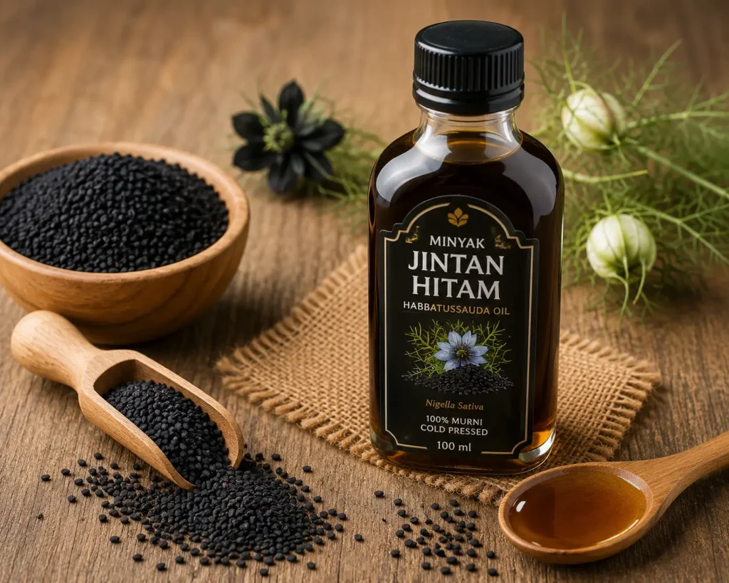 Botol minyak jintan hitam (Habbatussauda Oil) dari biji Nigella sativa dengan biji jintan hitam sebagai suplemen herbal alami.