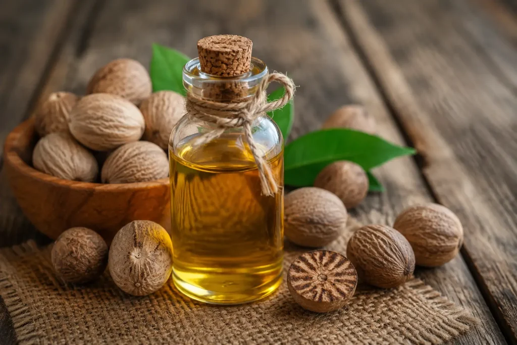 Botol minyak pala (nutmeg essential oil) dengan biji pala utuh di atas meja kayu sebagai minyak atsiri rempah asli Indonesia.