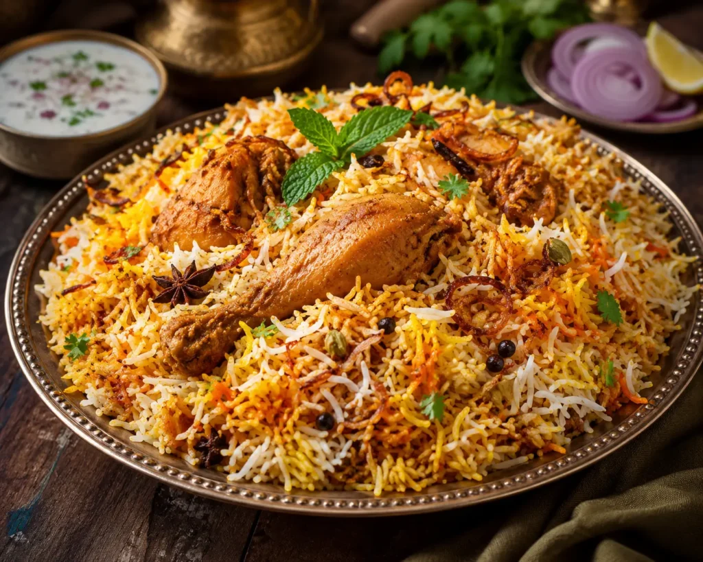 Nasi briyani ayam dengan rempah-rempah khas seperti kapulaga, kayu manis, cengkeh, dan bunga lawang yang disajikan hangat.