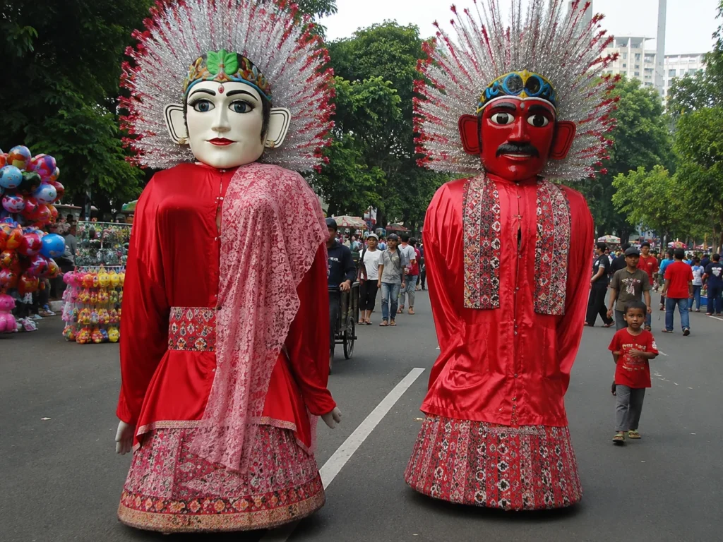 Sepasang ondel-ondel Betawi laki-laki dan perempuan mengenakan pakaian adat merah saat festival budaya di Jakarta.