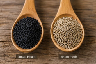 Perbedaan biji jintan hitam (Nigella sativa) dan jintan putih (Cuminum cyminum) pada dua sendok kayu sebagai ilustrasi rempah dapur.