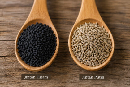 Perbedaan biji jintan hitam (Nigella sativa) dan jintan putih (Cuminum cyminum) pada dua sendok kayu sebagai ilustrasi rempah dapur.