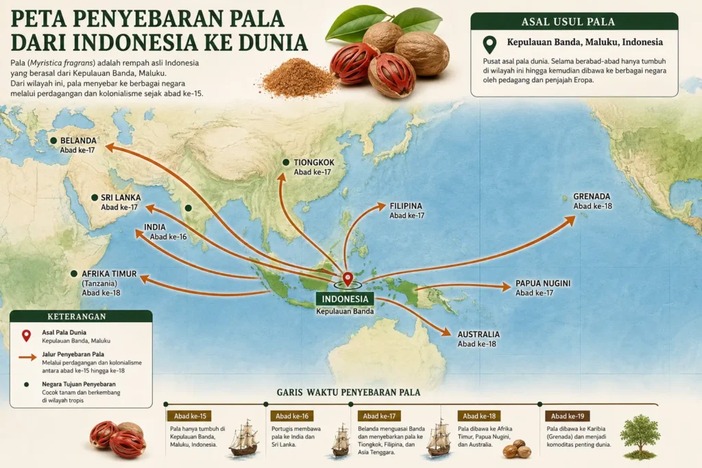 Peta penyebaran pala dari Kepulauan Banda, Indonesia, ke berbagai negara di Asia, Afrika, Eropa, dan Amerika sejak abad ke-15 hingga abad ke-18.