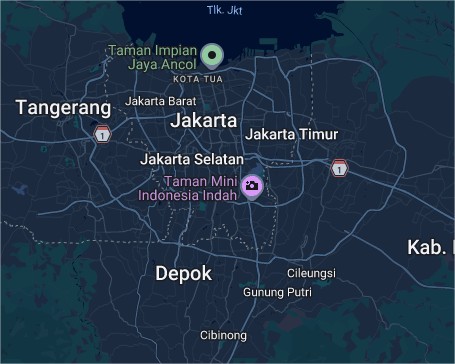 Peta wilayah Jakarta yang menunjukkan lokasi Kota Tua Jakarta dan Taman Mini Indonesia Indah.