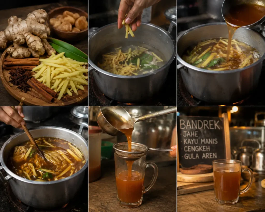 Proses pembuatan bandrek khas Sunda mulai dari menyiapkan jahe, merebus rempah-rempah, hingga menyajikan minuman bandrek hangat.