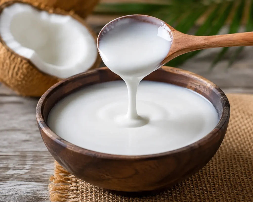 Santan kental segar dari kelapa parut dalam mangkuk kayu dengan sendok kayu, bahan utama masakan gulai dan makanan bersantan.