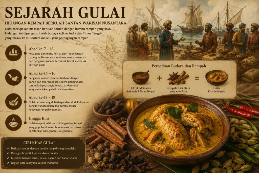 Infografis sejarah gulai di Indonesia yang menjelaskan asal-usul gulai, perkembangan rempah Nusantara, dan pengaruh budaya Timur Tengah serta India.