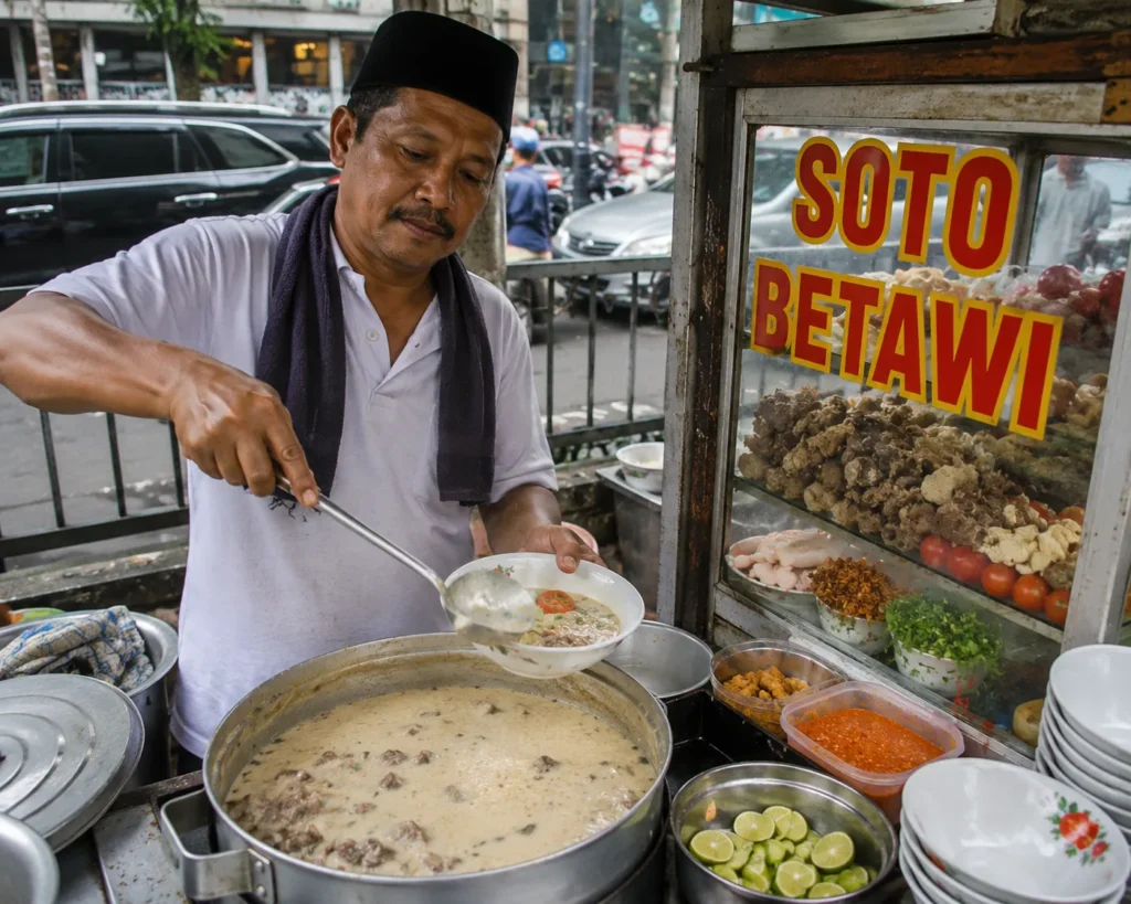 Penjual Soto Betawi sedang menyajikan semangkuk soto Betawi dengan kuah santan khas Jakarta di warung kaki lima.