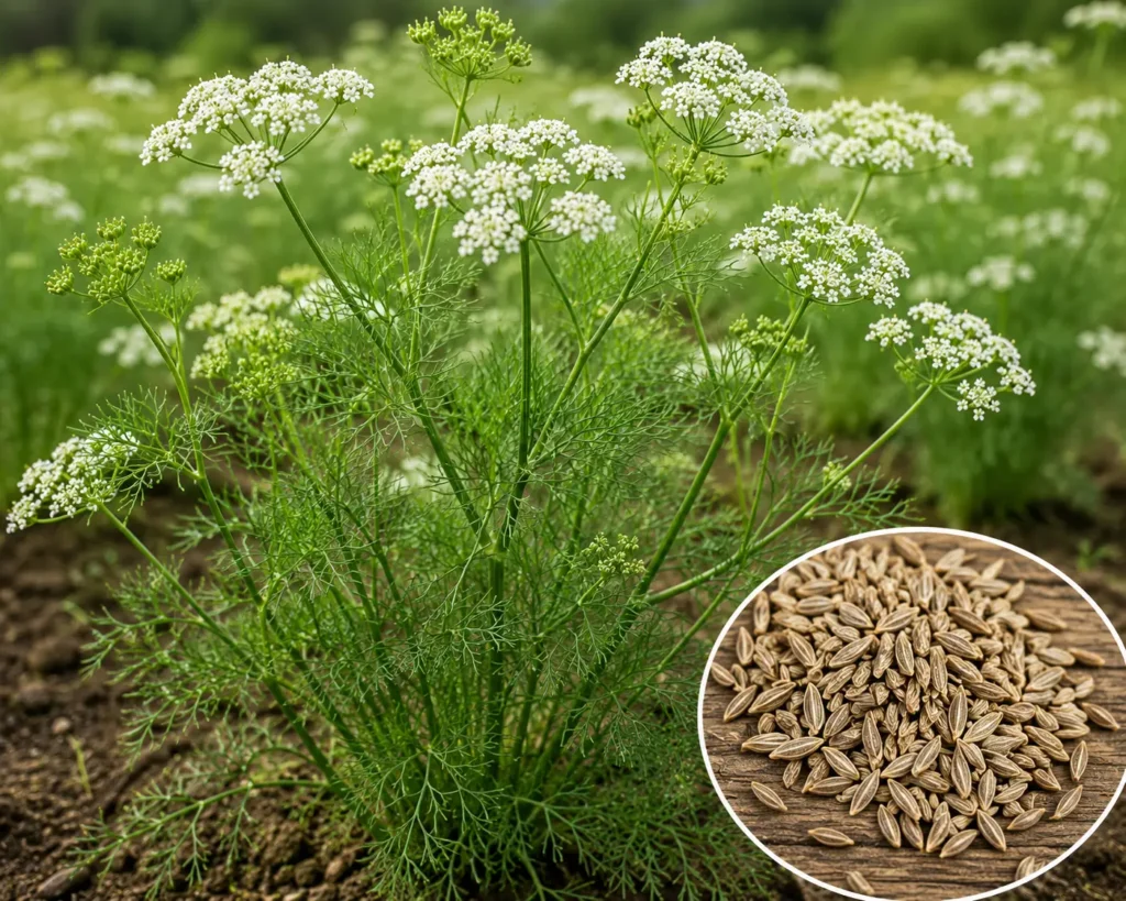 Tanaman jintan putih (Cuminum cyminum) dengan bunga putih dan biji jintan putih yang digunakan sebagai bumbu masakan.