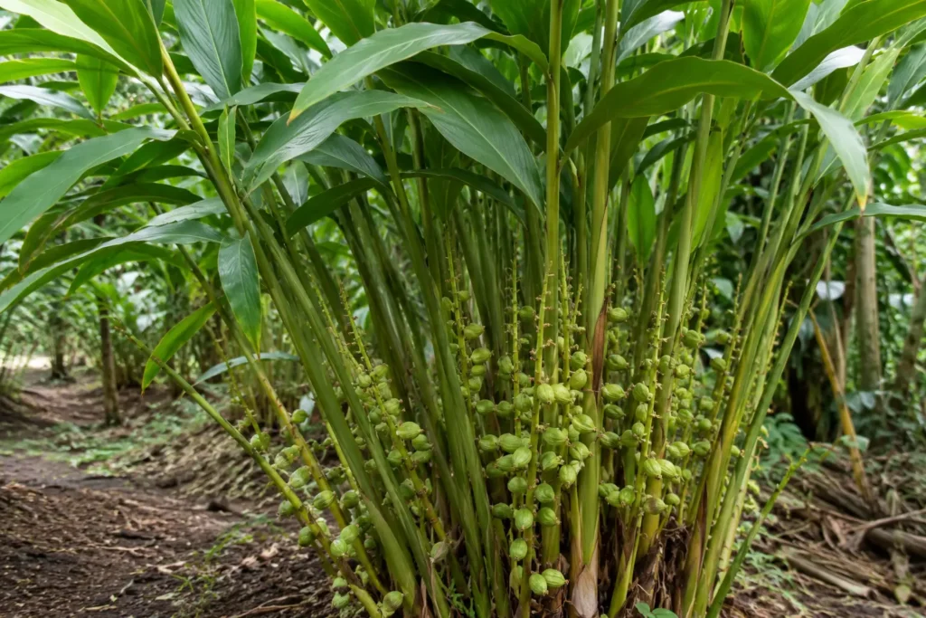 Tanaman kapulaga hijau dengan buah yang tumbuh di pangkal batang di kebun rempah Indonesia.