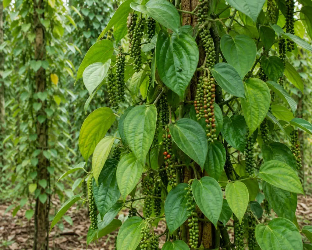 Tanaman merica (Piper nigrum) dengan dompolan buah lada hijau yang tumbuh merambat pada tiang penyangga di kebun.
