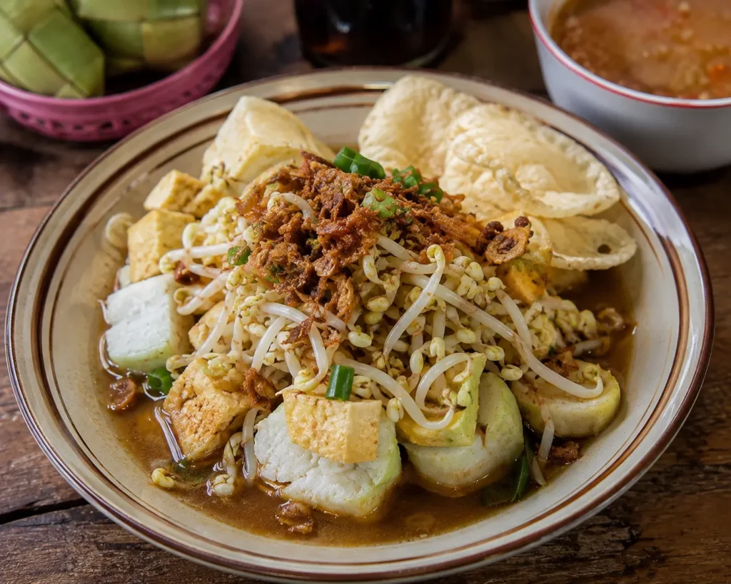 Lontong balap dengan tauge, lontong, tahu, dan lentho
