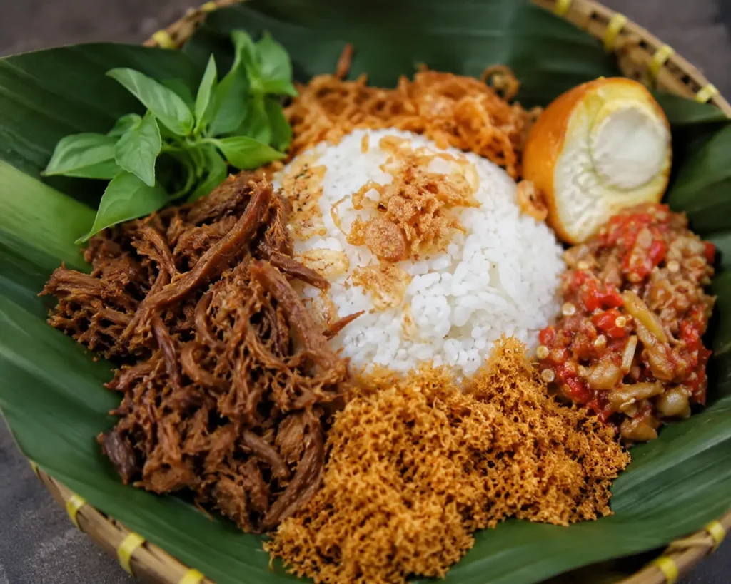 Nasi krawu khas Gresik dengan suwiran daging dan serundeng