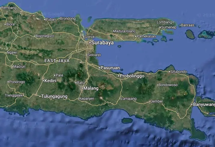 Peta Jawa Timur dan wilayah sekitarnya