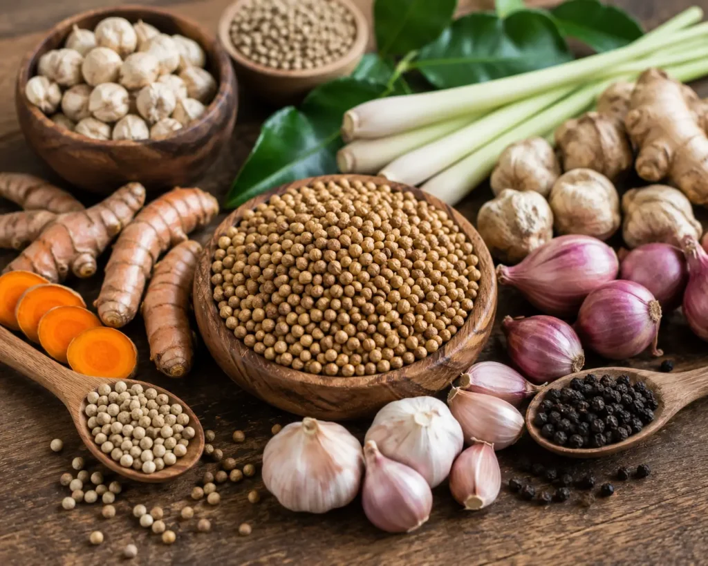 Biji ketumbar utuh dipadukan dengan bawang merah, bawang putih, kunyit, serai, jahe, lada, dan rempah dapur Indonesia di atas meja kayu rustic.