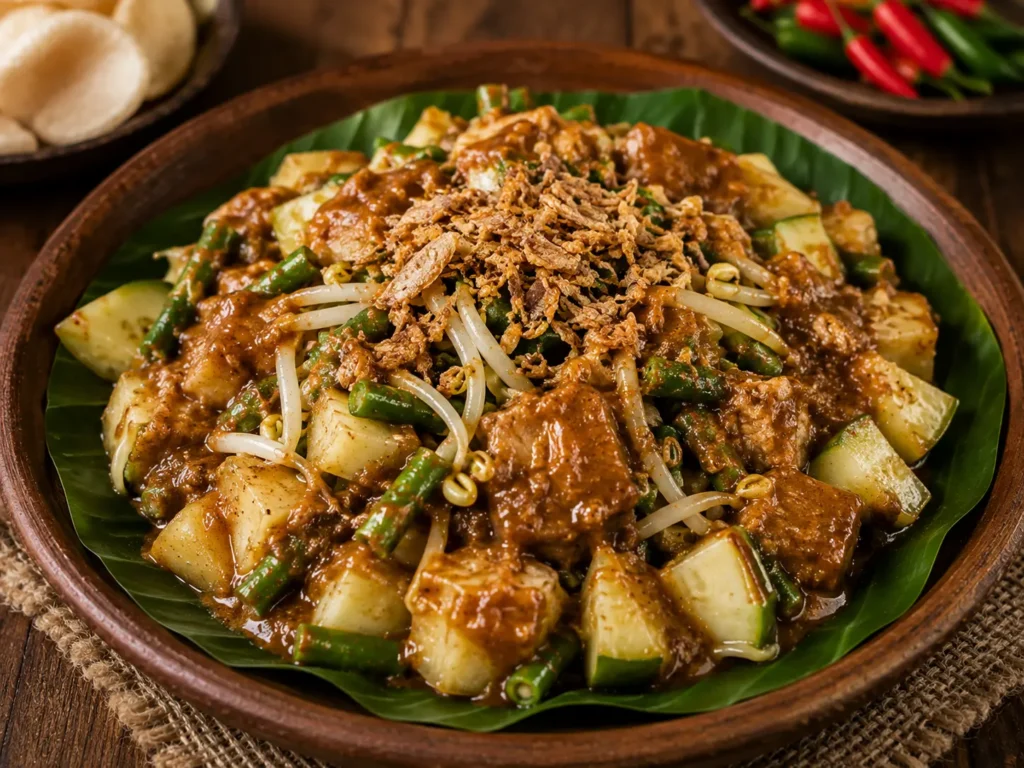 Rujak cingur khas Surabaya dengan sayuran dan bumbu kacang