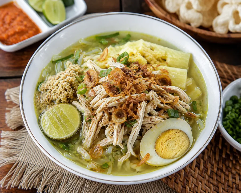 Soto Lamongan dengan ayam suwir, telur, dan koya