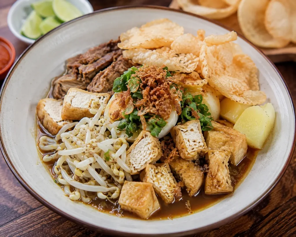 Tahu campur dengan tahu, tauge, kentang, dan kerupuk