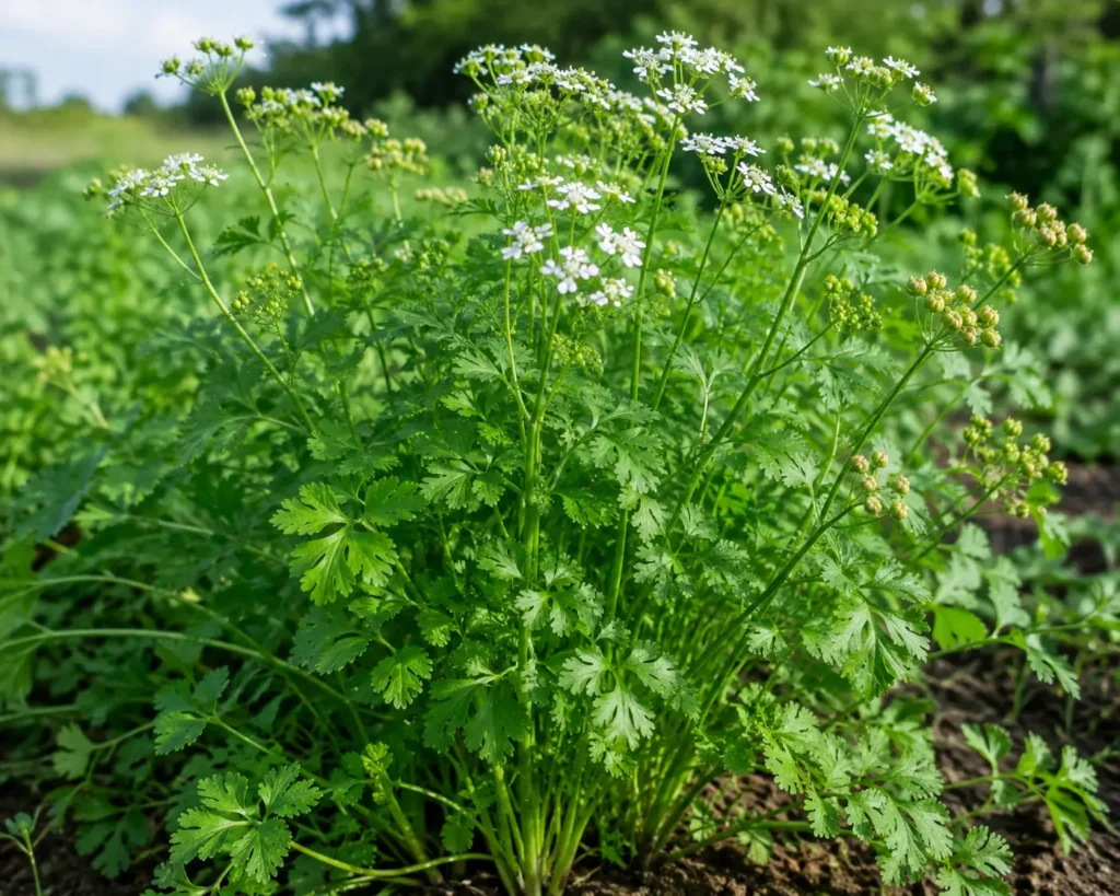 Tanaman ketumbar (Coriandrum sativum) dengan daun hijau, bunga putih, dan bakal biji yang tumbuh subur di kebun.