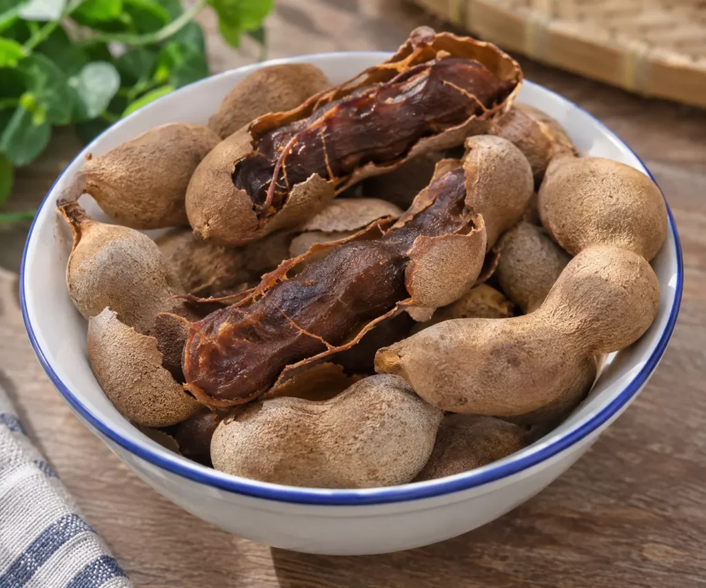 Asam jawa matang dalam mangkuk dengan beberapa polong terbuka memperlihatkan daging buah berwarna cokelat kemerahan